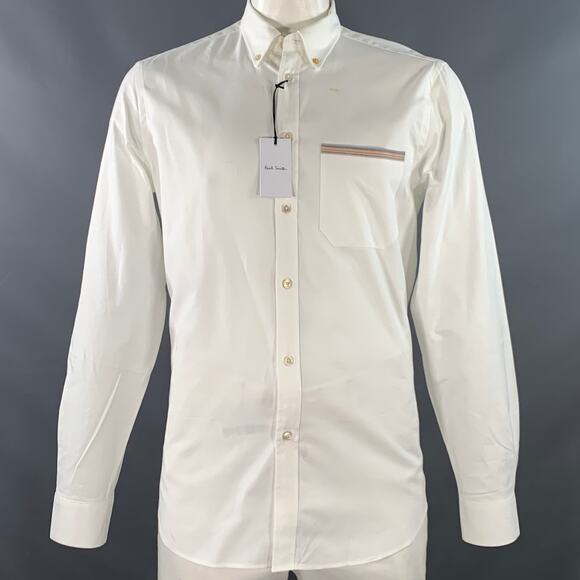 PAUL SMITH Size L White Contrast Trim Cotton One Pocket Long Sleeve Shirt - Picture 1 of 9